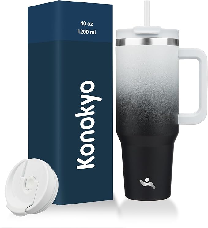 40 oz Tumbler with Handle and 2 Straws,2 in 1 Lid Insulated Water Bottle Stainless Steel Travel Coffee Mug,Day Night - Bloomnest