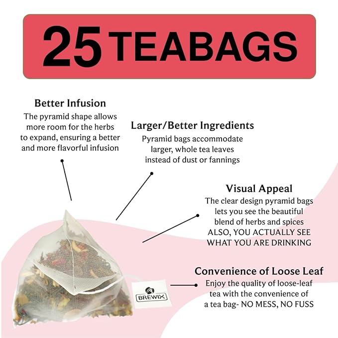 BREWIX, Strawberry Mint Tea Bags (25 Plant Based Tea Bags), Made with - Black Tea, Hibiscus, Spearmint, Fennel, Strawberry | Caffeinated & Sugar-Free - Bloomnest