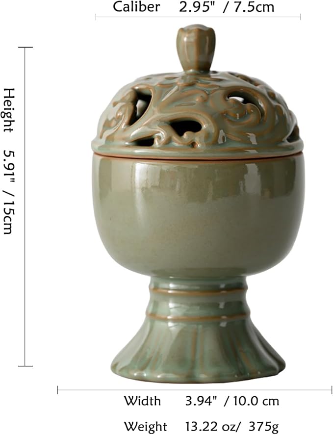 Ceramic Incense Burner with Lid,Boshan Incense Cone Holder for Coil Incense and Powder Incense,Mediation Gift,Home Decor (Green) - Bloomnest