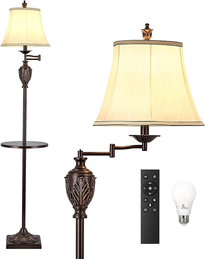 Traditional LED Floor Lamp with 350° Adjustable Swing Arm Lamp – Vintage Standing Pole lamp for Living Room, Bedroom and Office – Rustic Upright Floor Light for Home Décor with Silk Fabric Shade - Bloomnest