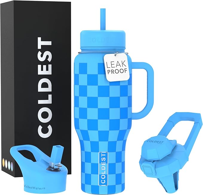 Coldest Tumbler with Handle and Straw - 100% Leak Proof Insulated Tumbler with Lid and Straw (3 Lids) - Stainless Steel Tumblers for Women & Men - Cup Holder Friendly Base, 36 oz (Blue Checkers) - Bloomnest