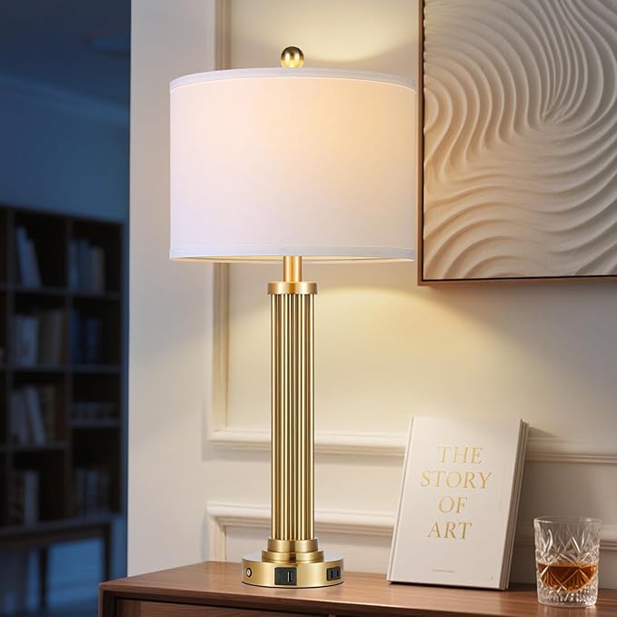 28" Tall Modern Table Lamps Set of 2 with USB C+A Ports and AC Outlet, 3 Way Touch Metal Bedside Lamps for Living Room, Gold Nightstand Lamps for Bedroom - Bloomnest
