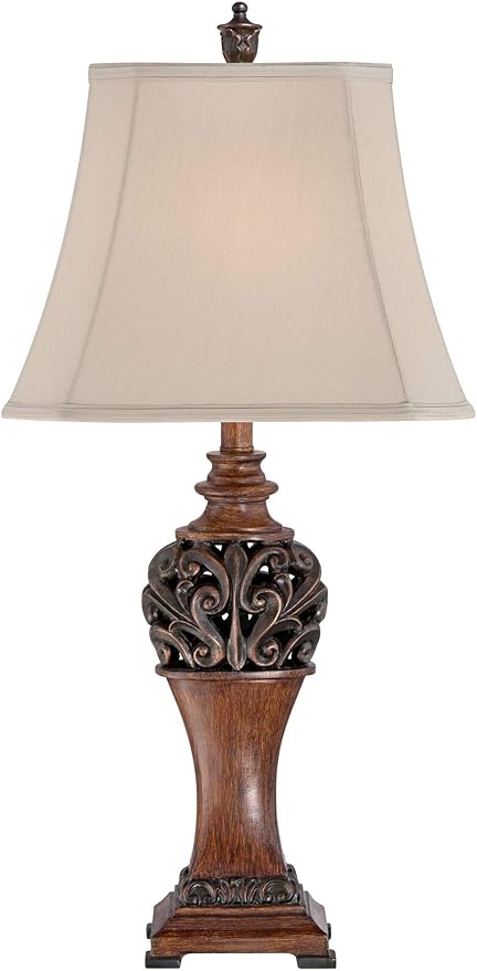 Regency Hill Exeter Traditional Style Table Lamps 30" Tall Full Size Set of 2 Bronze Wood Carved Leaf Creme Rectangular Bell Shade Decor for Living Room Bedroom House Bedside Nightstand Office - Bloomnest