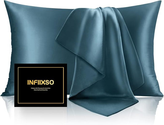 INFIIXSO Silk Pillow Cases 2 Pack Standard Size, Ultra Smooth & Soft Mulberry Silk Pillow Case for Hair and Skin, Breathable Cooling Silk Pillowcase with Hidden Zipper (Bluesteel, 20x26 Inches) - Bloomnest