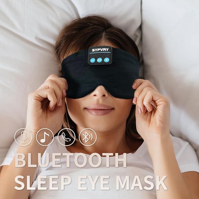 Sleep Mask Bluetooth 5.4 Headphones Soft Wireless Headband Eye Mask Blackout with Microphone (Black M) - Bloomnest