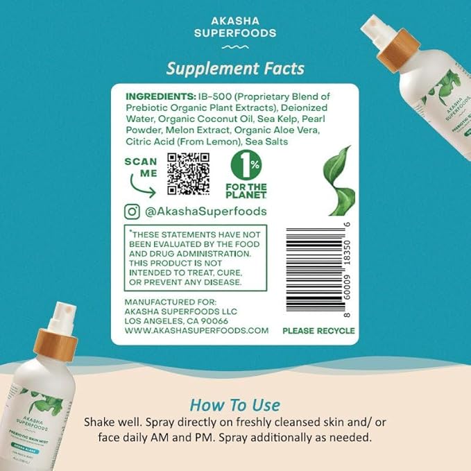 Akasha Prebiotic Skin Mist 3.4oz I Organic Facial Mist, Sea Kelp Extract, Face Spray for Naturally Restoring the Skins Microbiome, Dewy, Help Acne, Psoriasis & Sunburn*, Anti Aging Skin Care Products - Bloomnest