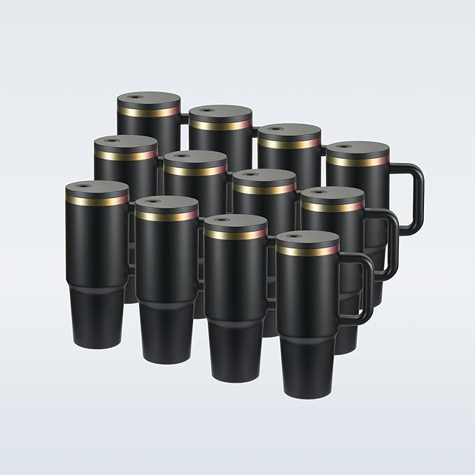 OMTech 40 oz. Tumblers with Handle & Lid, 12 Pack Tumbler Bulk with Double Wall Vacuum Insulation, Food-Grade Stainless Steel Insulated Coffee Mug, Sweatproof Travel Mug for Hot Cold Drinks, Black - Bloomnest