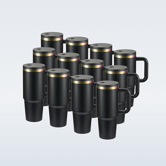 OMTech 40 oz. Tumblers with Handle & Lid, 12 Pack Tumbler Bulk with Double Wall Vacuum Insulation, Food-Grade Stainless Steel Insulated Coffee Mug, Sweatproof Travel Mug for Hot Cold Drinks, Black - Bloomnest