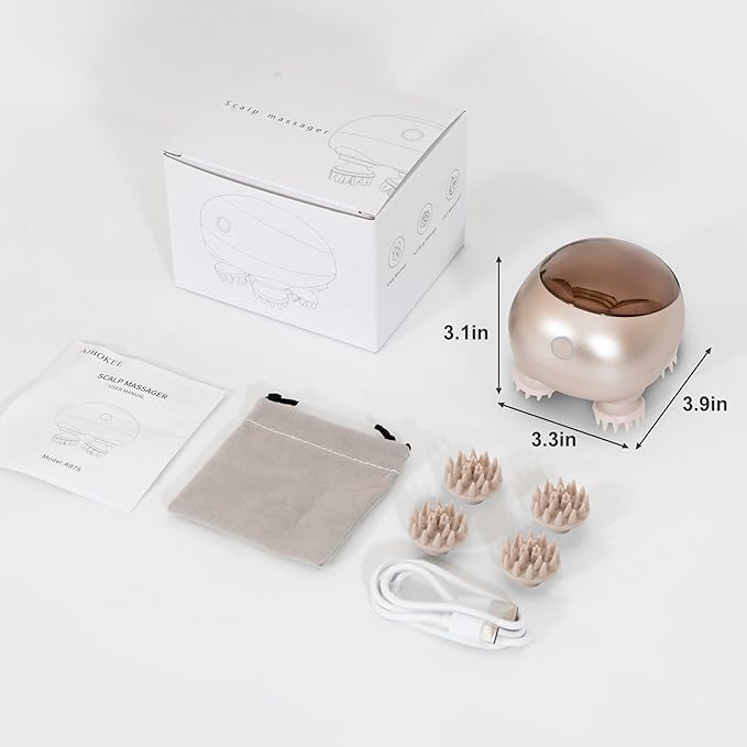 Electric Scalp Massager, Portable Head Stress Relax,IPX7 Waterproof Rechargeable Head Massager Scalp Stress Relax, Body for Deep Cleansing, Relief, Hair Growth (Gold) AIBOKEE