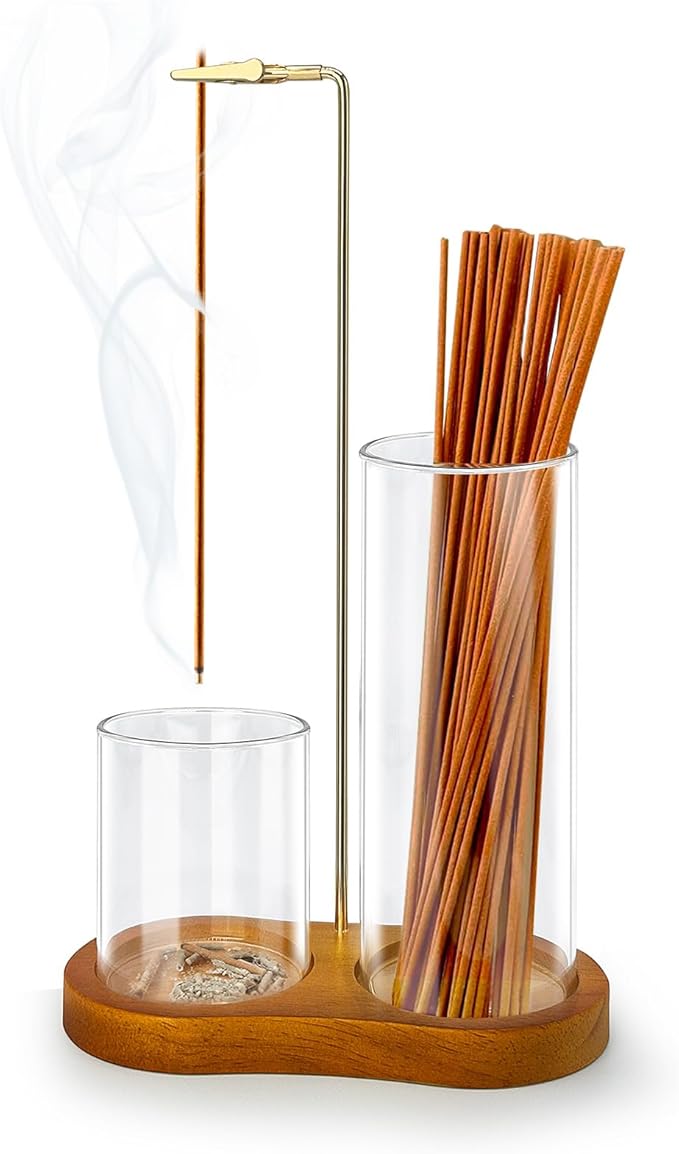 Incense Holder for Sticks, 2 in 1 Incense Burner Holder with Glass Ash Storage and Incense Sticks Organizer, Incense Holder for Meditation Yoga Spa Indoor Outdoor Decor