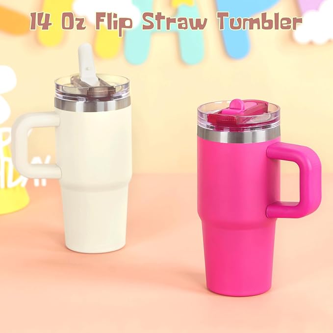 Cosictic 14 Oz Flip Straw Tumbler with Handle for Kids, Stainless Steel Double Wall Insulated Cup for Children with Flip Top Lid, 14 Oz Leak-proof Cups for Kids, Cream - Bloomnest