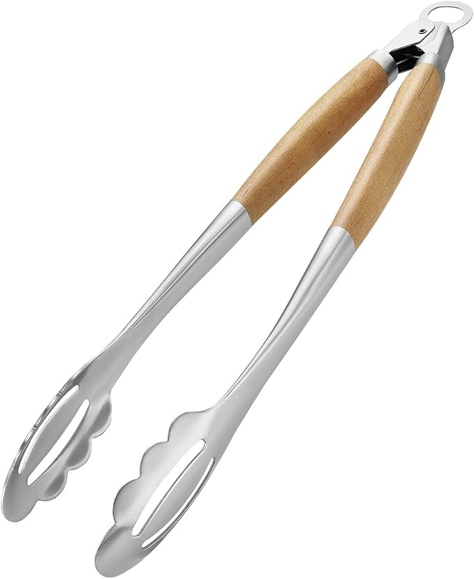 KULUNER Stainless Steel Barbecue Tongs with Solid Wood Handle, Kitchen Metal Locking Design, Extra Long 17.5 Inches 700 Degrees, Suitable for Food Cooking, Salad and Outdoor Grilling(Beechwood) - Bloomnest