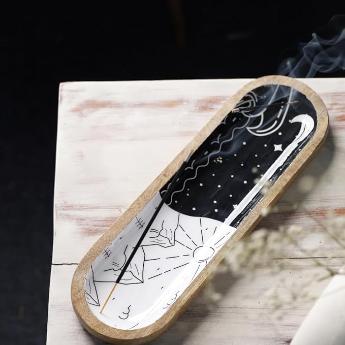 The Art Box Hand-Painted Incense Burner Holder White Black - 12x4x1 inch Wooden Long Incense Stick Tray Holder for Modern Gift, Ash Catcher Incense Stick Holder - Meditation & Yoga - Bloomnest