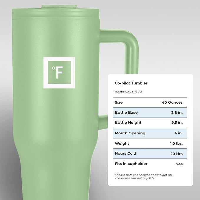 IRON °FLASK Co-Pilot Insulated Mug w/Straw & Flip Cap Lids - Cup Holder Bottle for Hot, Cold Drink - Leak-Proof - Water, Coffee Portable Travel Mug - Apple Green, 40 Oz - Bloomnest