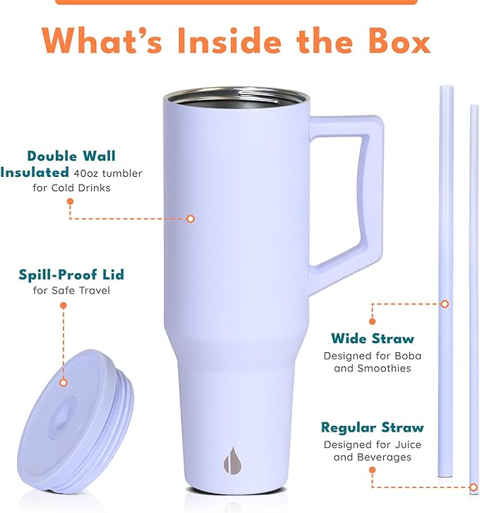 Elemental 40 oz Tumbler with Handle and Straw - Spill Proof Insulated Stainless Steel Commuter for Hot and Cold Beverages - Travel Coffee Mug with 2 Straws & Spill Proof Lid - 40oz - Ice Blue - Bloomnest