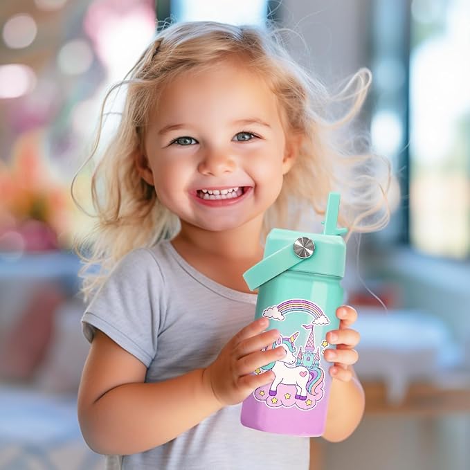 Unicorn Water Bottle - Kids Water Bottle with Straw Lid - 12 Oz Insulated Stainless Steel Ocean Water Bottles for Kid Girl- Travel Cup for School Sports - Bloomnest