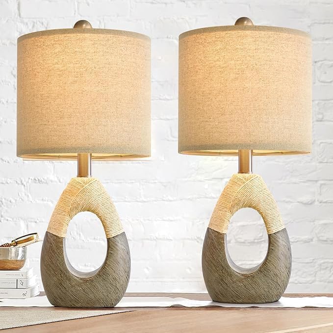 OYEARS 19” Boho Table Lamps Bedroom Living Room Set 2,Suitable for Small Space,Small Farmhouse RattanTable Lamp Rustic Egg Design Resin Light Decoration,Nightstand Bedside Lamps for Office Study Rest - Bloomnest