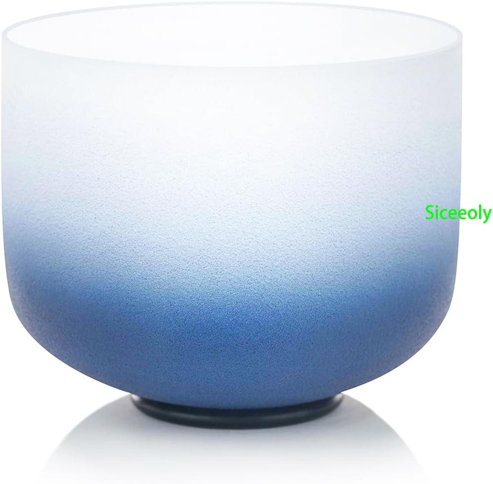 8" A Note 432HZ Indigo Blue Color Crystal Singing Bowl Frosted Quartz Root Base Chakra Meditation Sound Healing with Durable Carrying Case Suede Striker O-ring