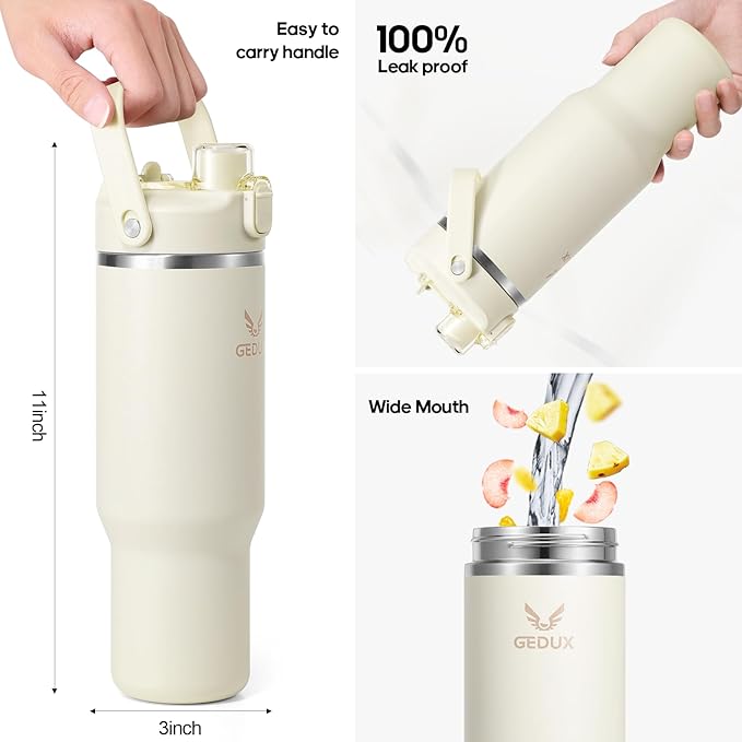 32 oz Stainless Steel Tumbler with Handle and Straw, Vacuum Insulated Water Bottle with 2-in-1 Lid (Chug/Straw) and Silicone Boot，Keeps Drinks Hot and Cold - Bloomnest