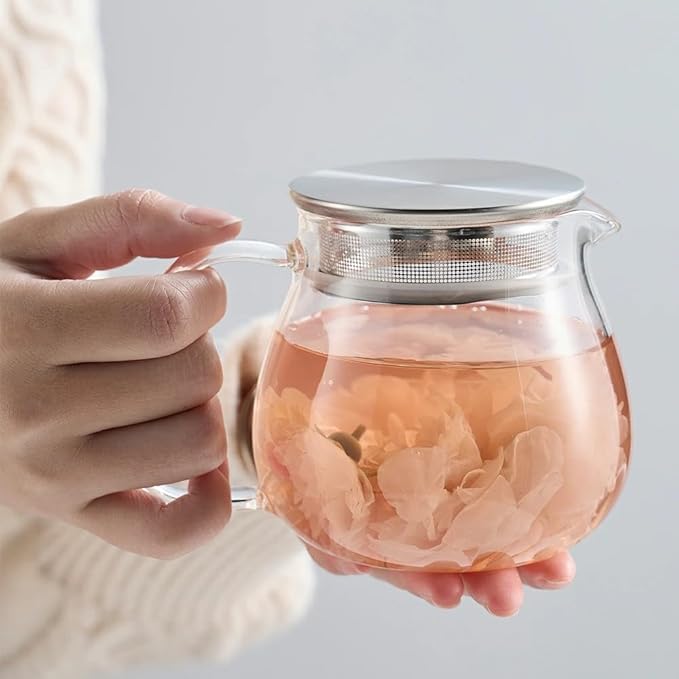 IwaiLoft Glass Teapot with Removable Stainless Steel Filter Lid Stovetop & Microwave Safe Borosilicate Glass Kettle for Loose Leaf, Blooming Tea And Coffee Sharing (15OZ) - Bloomnest
