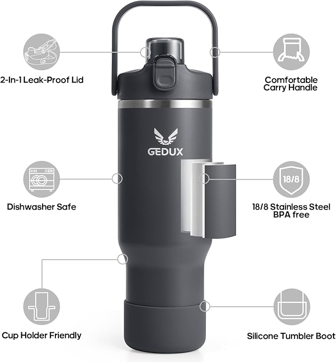 32 oz Stainless Steel Tumbler with Handle and Straw, Vacuum Insulated Water Bottle with 2-in-1 Lid (Chug/Straw) and Silicone Boot，Keeps Drinks Hot and Cold - Bloomnest