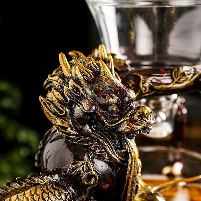 Glass Teapot Set with Infuser Semi Automatic Dragon Tea Set with 6 Small Cups (red golden dragon) - Bloomnest