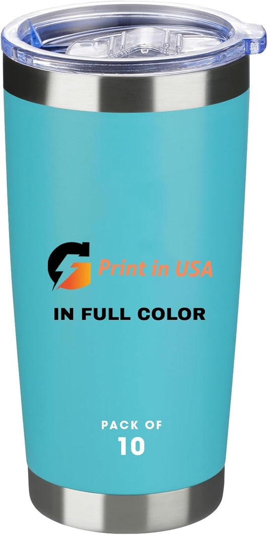 Personalized Custom Print in USA Tumbler 10Pcs 20oz Stainless Steel Double Wall Coffee Cup with Lid & Straw Insulated Tumbler with Colorful Text Logo Photo