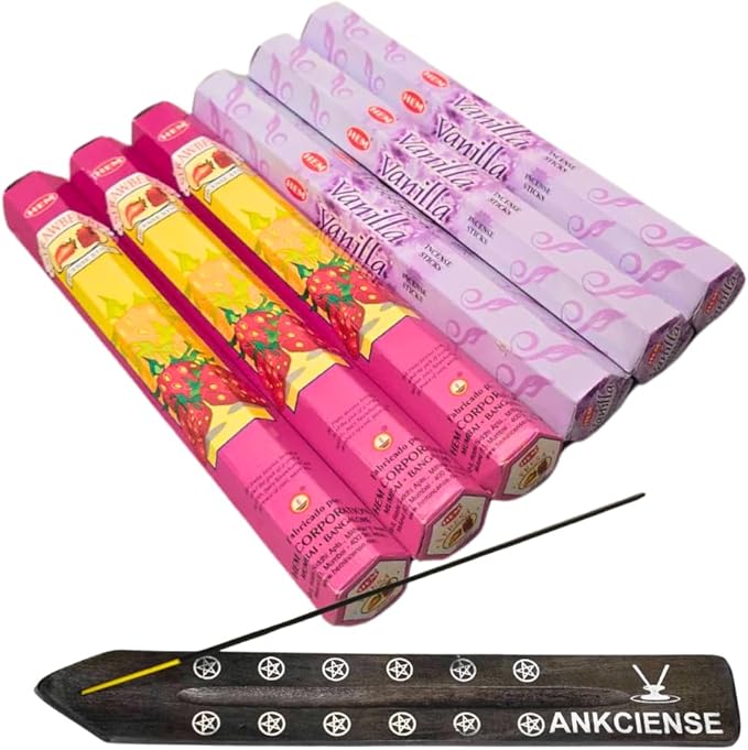 Sandalwood & Vanilla Incense from Hem Bundled with ANKCIENSE Incense Holder Bundle, Variety Pack of 120 Sticks (Strawberry & Vanilla)