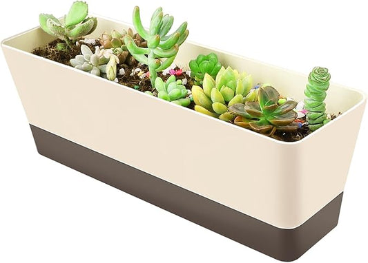 GREANER Planter Windowsill Box, 1 Pack 12x3.8 Inch Herb Rectangle Planter with Tray, Modern Indoor Succulent Cactus Plastic Plant Pot for Windowsill, Garden Balcony, Home Office Outdoor Decoration - Bloomnest