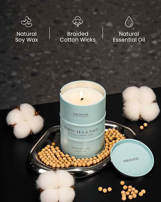 M&SENSE White Tea Sage Scented Candles Natural Non Toxic, Aromatherapy Candle for Stress Relief Meditation Relaxing, Housewarming Gifts for Women Men, 11.3oz 70 Hour Long Burning - Bloomnest