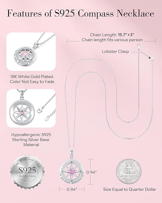 S925 Necklace Gift for Wife |Compass Jewelry |Women Anniversary |Sterling Silver |Girlfriend Birthday Gifts for Her Valentines |I'd be Lost without You |Jewel 18K Gold - Bloomnest