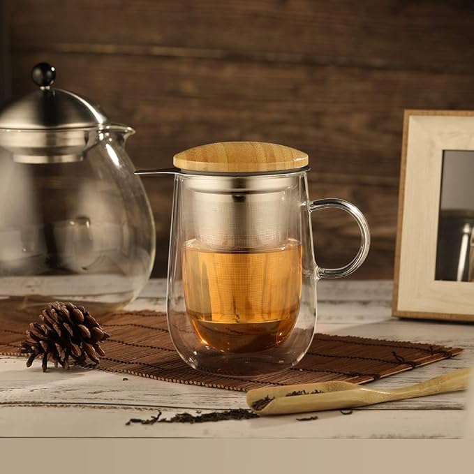 glastal Tea Infuser Mug 14.5oz Insulated Heatproof Glass Tea Cup with Removable Infuser and Lid, Clear Glass Teacup 430ml Double Wall Borosilicate Glass Teacup for Loose Tea, Gifts for Parents Dad Mum - Bloomnest