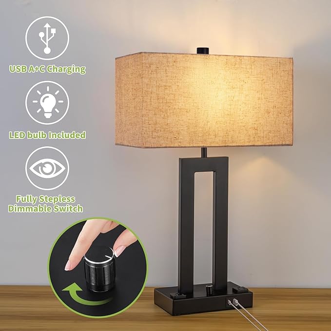 Modern Table Lamps Set of 2-22" Tall Bedside Lamps with USB-C/USB-A Charge Ports & Outlet, Stepless Dimmable Fabric Cream Shade Nightstand Lamps for Bedroom & Living Room - Bloomnest