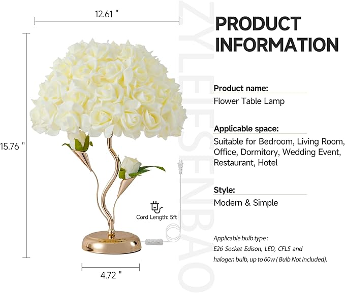 Flowers Table Light Fabric Rose Nightstand Lamp Creative Romantic Bouquet Desk Lamp Yellow Princess Lamp for Wedding Decor Valentines Dating Bedroom Livingroom Hotel Office - Bloomnest