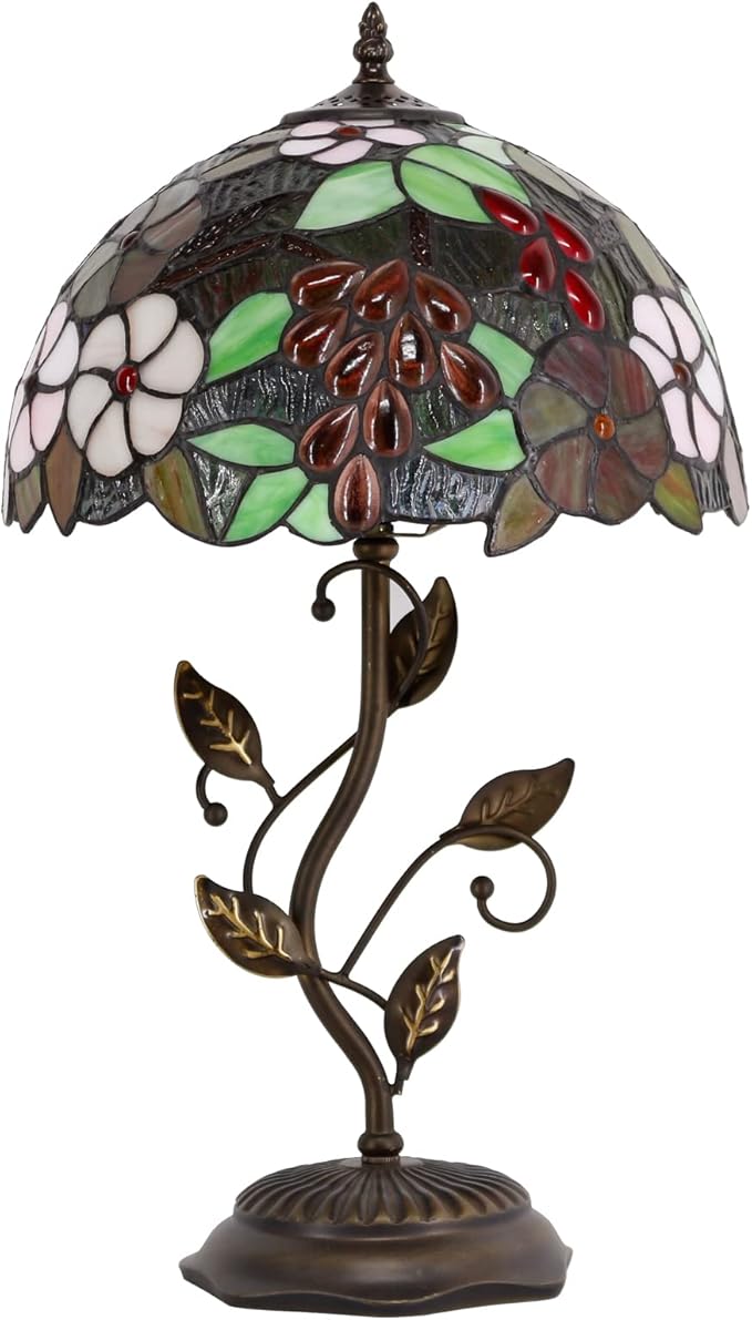 Tiffany Lamp Purple Grape Style Stained Glass Table Lamp Desk Bedside Reading Light 12X12X19 Inches with Metal Leaf Base Decor Bedroom Living Room - Bloomnest