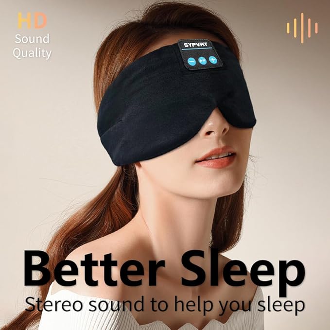 Sleep Mask Bluetooth 5.4 Headphones Soft Wireless Headband Eye Mask Blackout with Microphone (Black M) - Bloomnest