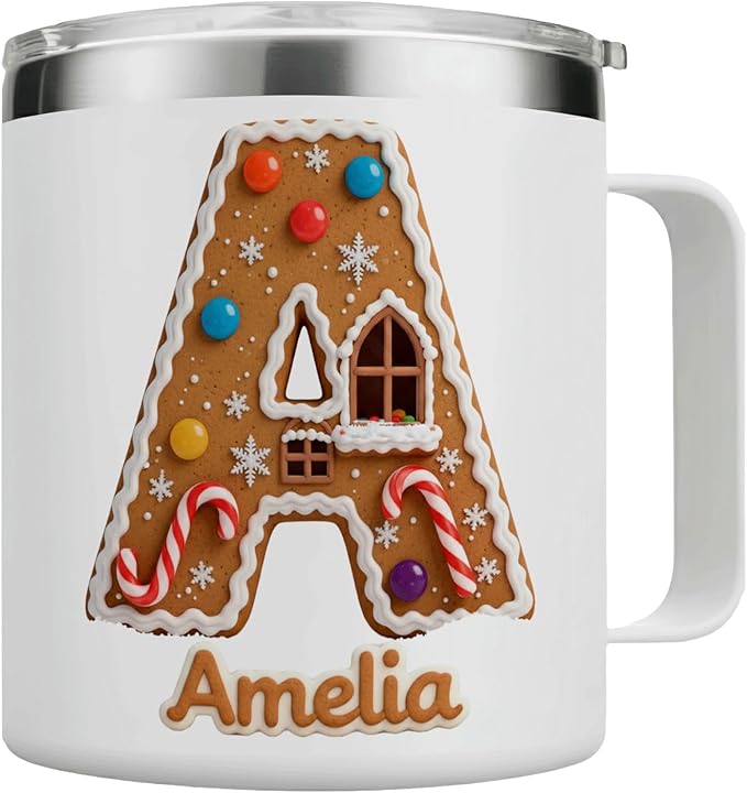 Personalized Christmas Mug | Custom Gingerbread House Initial Insulated Coffee Cup with Handle & Lid | 12oz Holiday Tumbler, Cute Baking & Stocking Stuffer Gift (B17) - Bloomnest
