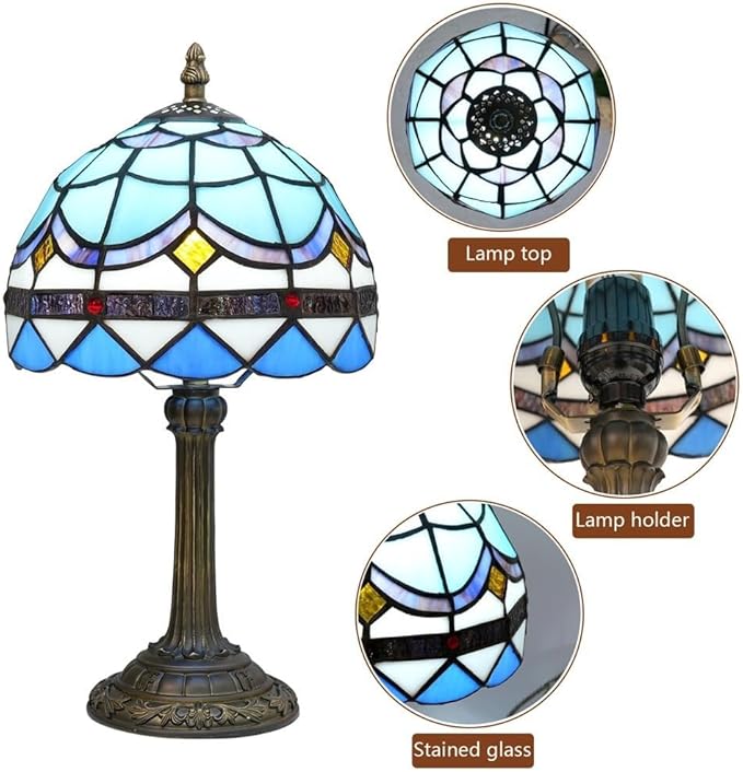 Tiffany Lamp 8 Inch Small Stained Glass Table Lamp Blue Mediterranean Handmade Warm Reading Bedside Lamp Dining Room Bedroom Living Room Office Study Tiffany Style Retro Home Decoration Crafts（feath） - Bloomnest