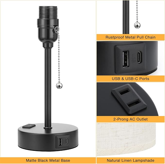 Small Bedside Lamps 3 Color Modes - Off White 3000K 4000K 5000K Bedroom Lamps with USB C and A Ports, Pull Chain Table Lamps with AC Outlet, Nightstand Lamps with Black Metal Base for Kids Reading - Bloomnest