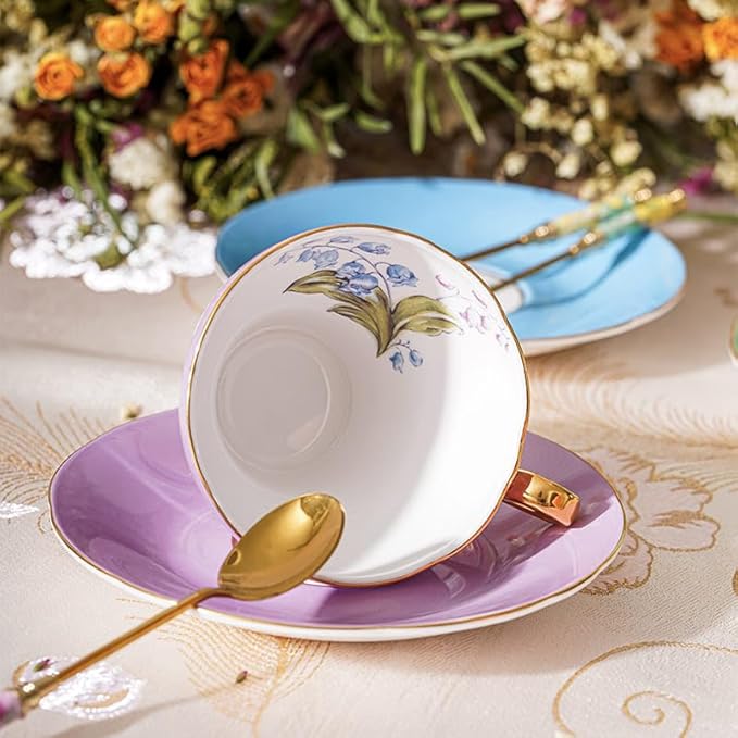 Aynsley Handpainting Colored Glaze Lily of the Valley Corset Fine Bone China English Tea Cup and Saucer Set, 6.1 oz (Purple) - Bloomnest