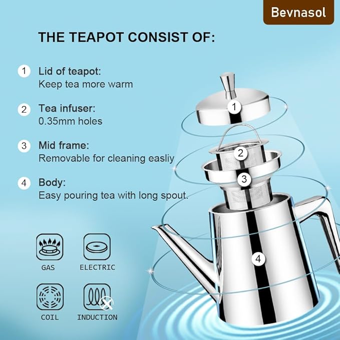 304 Stainless Steel Teapot Long Strain Large Capacity Teapot with Infuser and Removable Filter for Home Restaurant Office Dinnerware Accessories Drinkware Item (1500ml) - Bloomnest