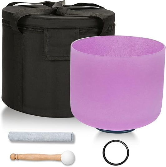 432HZ 8 Inchs B Note Purple Frosted Crystal Singing Bowl for Meditation Healing Yoga Chakra Quartz Crystal Sound Bowls with Heavy Duty Carry Case and Rubber Mallet,Suede Striker,O-ring - Bloomnest