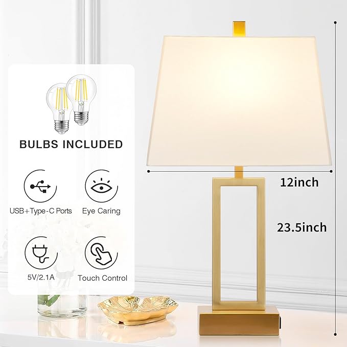 23.5" Touch Control Table Lamps, Metal Bedside Lamp for Bedroom Set of 2 with USB A+C Ports & AC Outlet, 3-Way Dimmable Nightstand Lamp for Living Room (LED Bulb Included) - Bloomnest