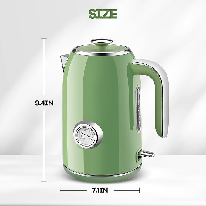 Pukomc Electric Kettle,1.7L Stainless Steel Electric tea kettle with Temperature Gauge, Fast Boiling, Auto Shut - off, BPA - Free, Boil - Dry Protection, (Retro Green) - Bloomnest
