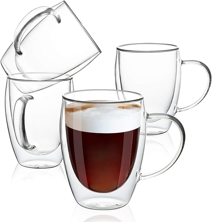 MEWAY 12oz/4 pack Coffee Mugs,Clear Glass Double Wall Cup with handle for Coffee, Tea, Latte, Cappuccino (12 oz，4) - Bloomnest