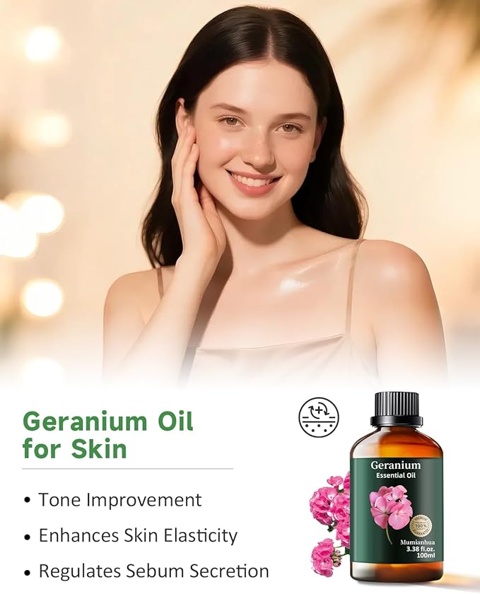 Pure Geranium Essential Oil, Mumianhua Natural Rose Geranium Oil for Reed Diffuser, Air Freshener, Massages,Relaxation, Garden Freshness, Outdoor Ambiance, Skin, Hair, Soap, Candles Making 3.38 Fl oz - Bloomnest