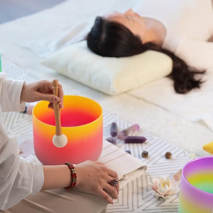 CVNC 440HZ 8 Inch Rainbow Colored E Note Solar Plexus Chakra Frosted Quartz Crystal Singing Bowl for Sound Healing and Meditation - Bloomnest