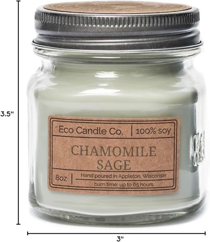 ECO CANDLE CO. Mason Jar Candle, Chamomile Sage, 8 oz. - Scents of Sage & Chamomile - 100% Soy Wax, No Lead, Kraft Label & Antiqued Pewter Lid, Hand Poured, Made from Midwest Grown Soybeans - Bloomnest