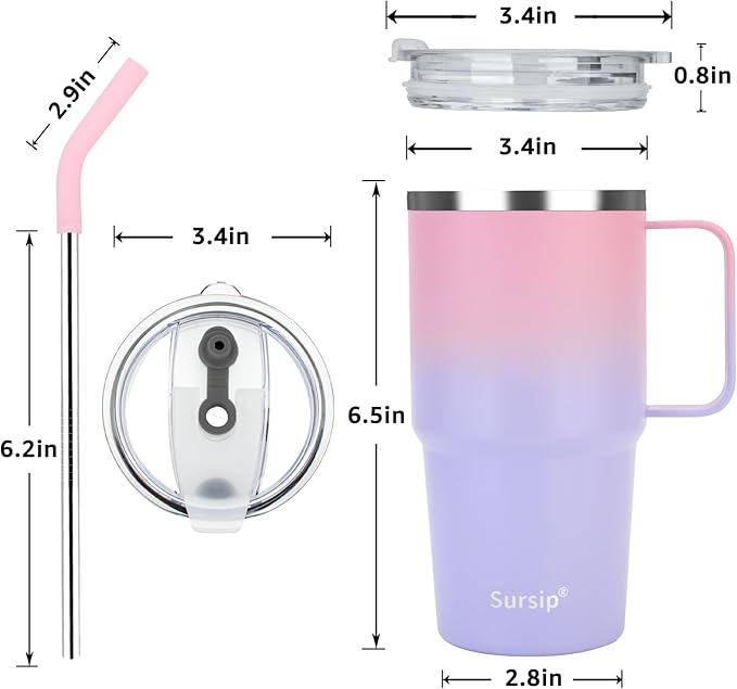 Sursip 24 oz Insulated Cup with Handle, Double Wall Vacuum Stainless Steel Tumbler with Straw and 2 Lids, For Cold/Hot Drinks, Coffee Travel Mug for Car/Home/Office/Party/Camping (Pink＆Purple-1 Pack) - Bloomnest