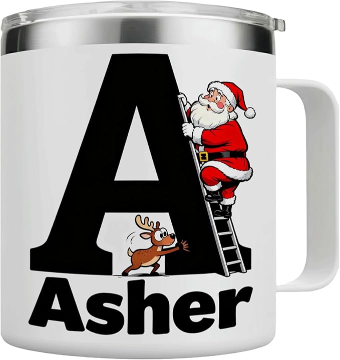 JugJug Personalized Christmas Mug with Initial & Name - Funny Santa Climbing Ladder 12oz Insulated Coffee Cup with Lid - Xmas Gifts for Kids, Boys (B158) - Bloomnest